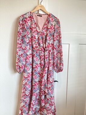 PrettyGarden V-Neck Puff-Sleeve Long-Sleeve Elastic Waist Ruffle Maxi Dress